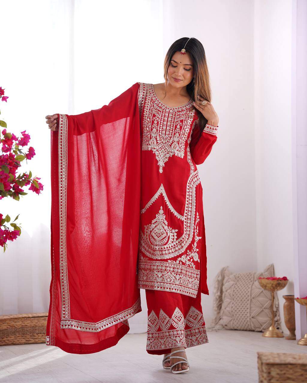 Red Elegant Vichitra Silk Embroidered Kurta Set