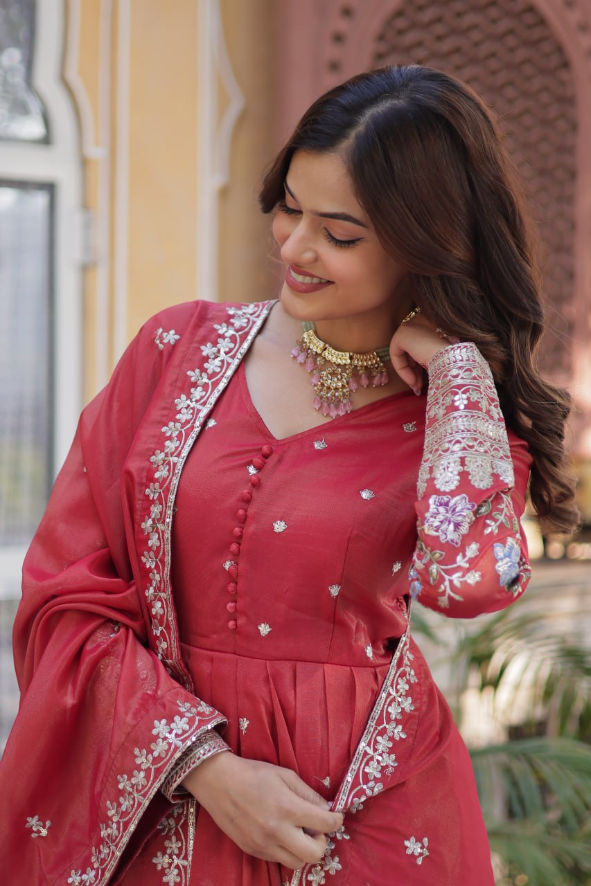 Red Elegant Viscose Cosmos Embroidered Anarkali Set with Dupatta