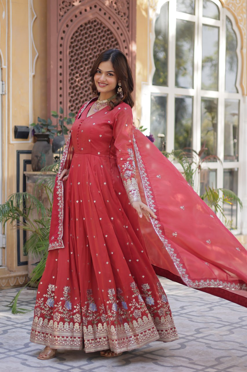 Red Elegant Viscose Cosmos Embroidered Anarkali Set with Dupatta