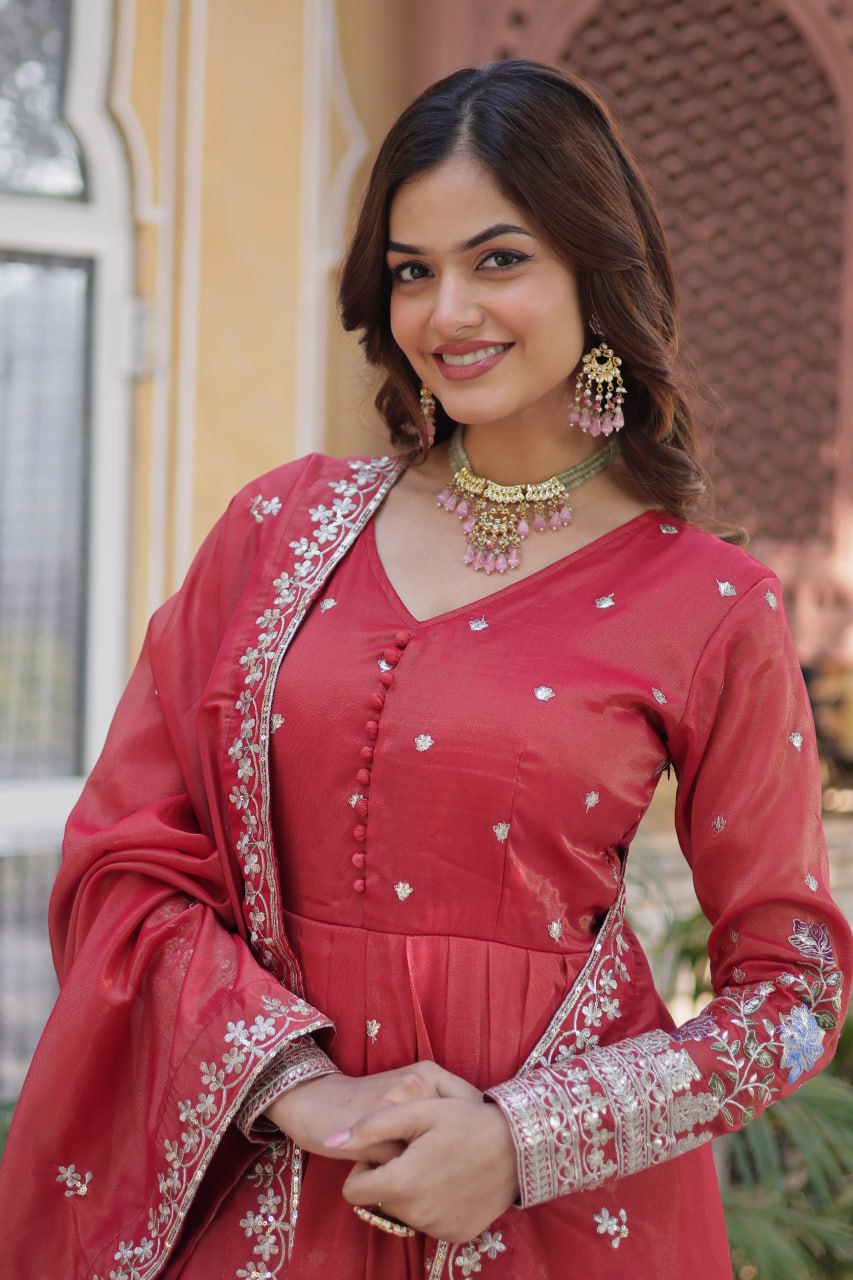 Red Elegant Viscose Cosmos Embroidered Anarkali Set with Dupatta