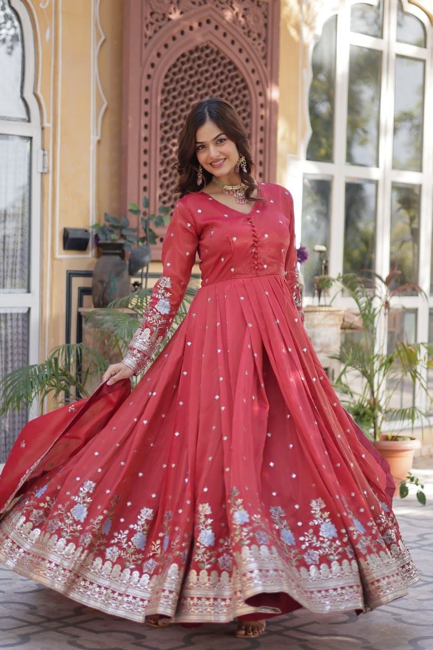 Red Elegant Viscose Cosmos Embroidered Anarkali Set with Dupatta