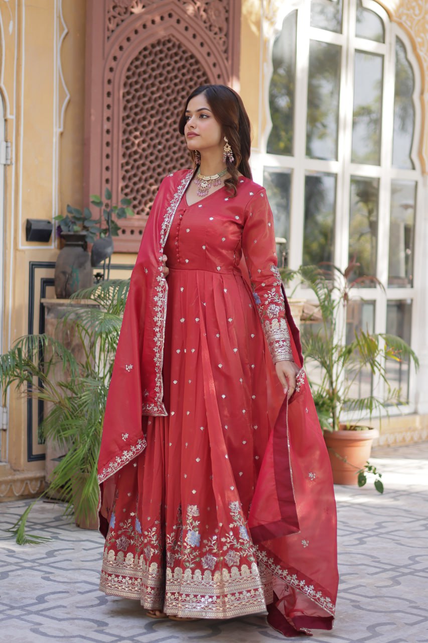 Red Elegant Viscose Cosmos Embroidered Anarkali Set with Dupatta