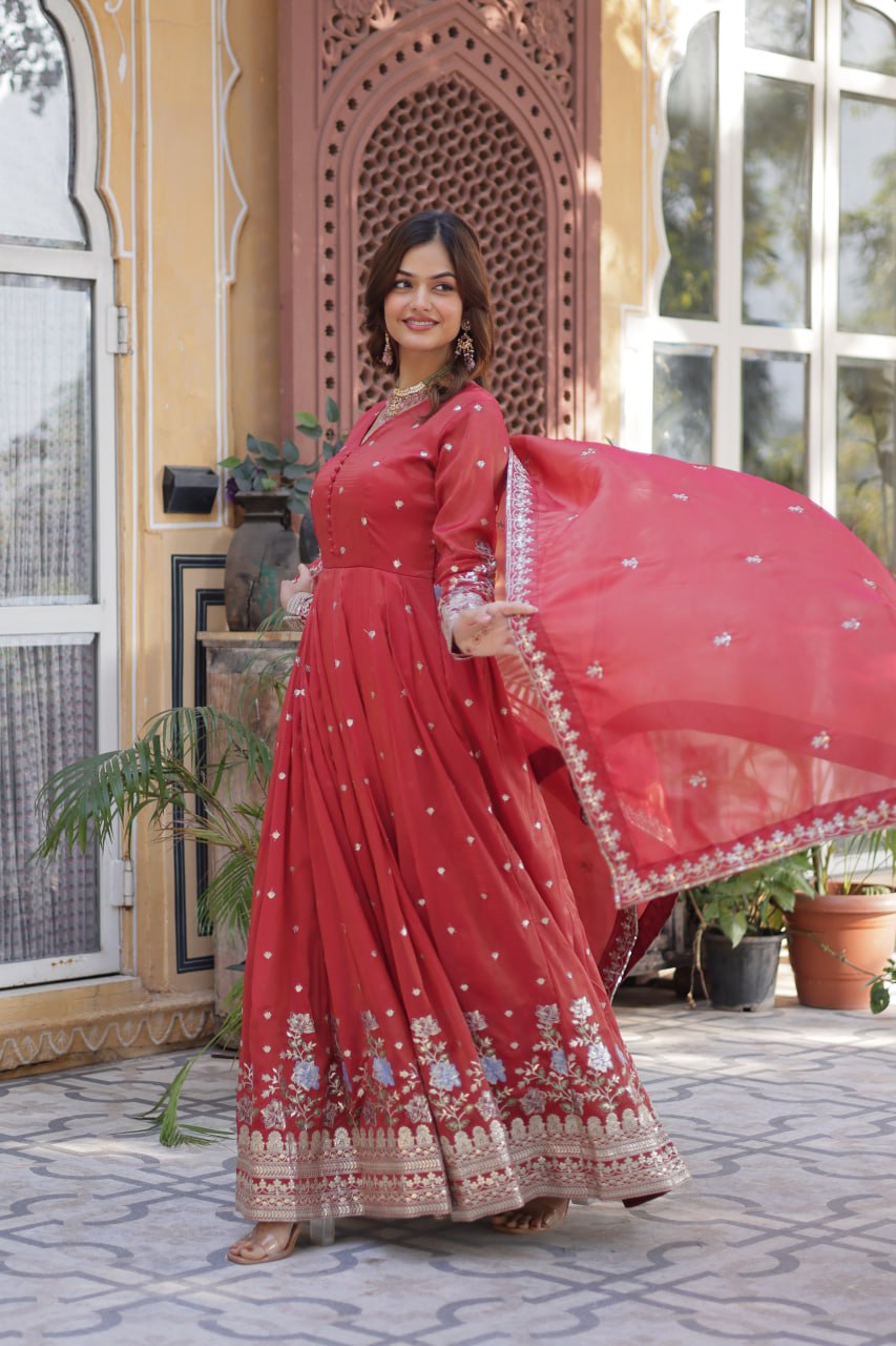 Red Elegant Viscose Cosmos Embroidered Anarkali Set with Dupatta