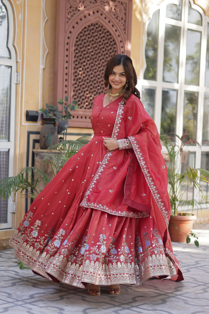 Red Elegant Viscose Cosmos Embroidered Anarkali Set with Dupatta