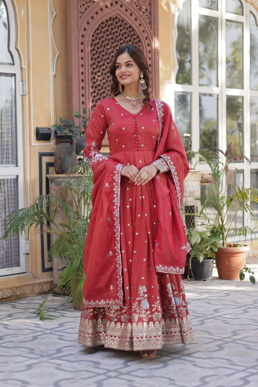 Red Elegant Viscose Cosmos Embroidered Anarkali Set with Dupatta