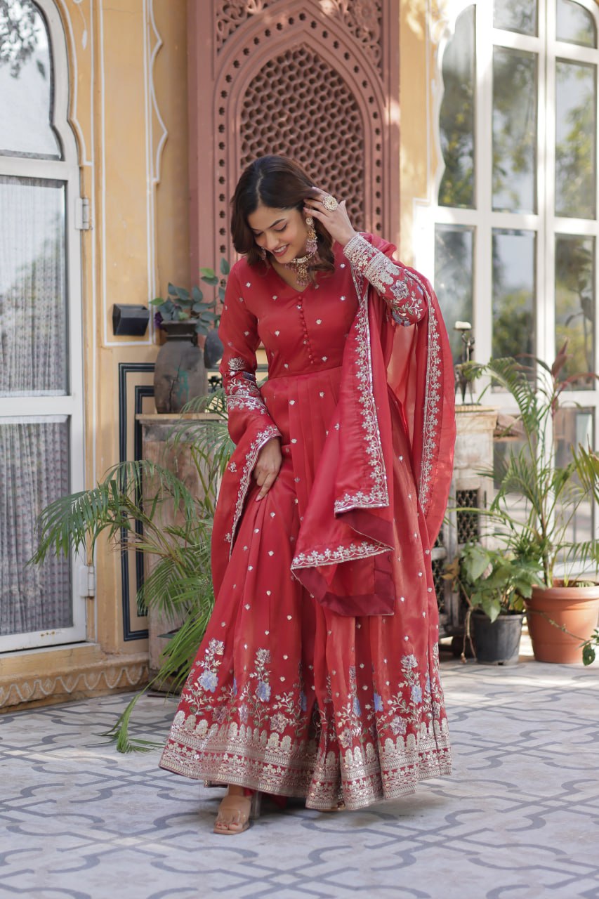 Red Elegant Viscose Cosmos Embroidered Anarkali Set with Dupatta