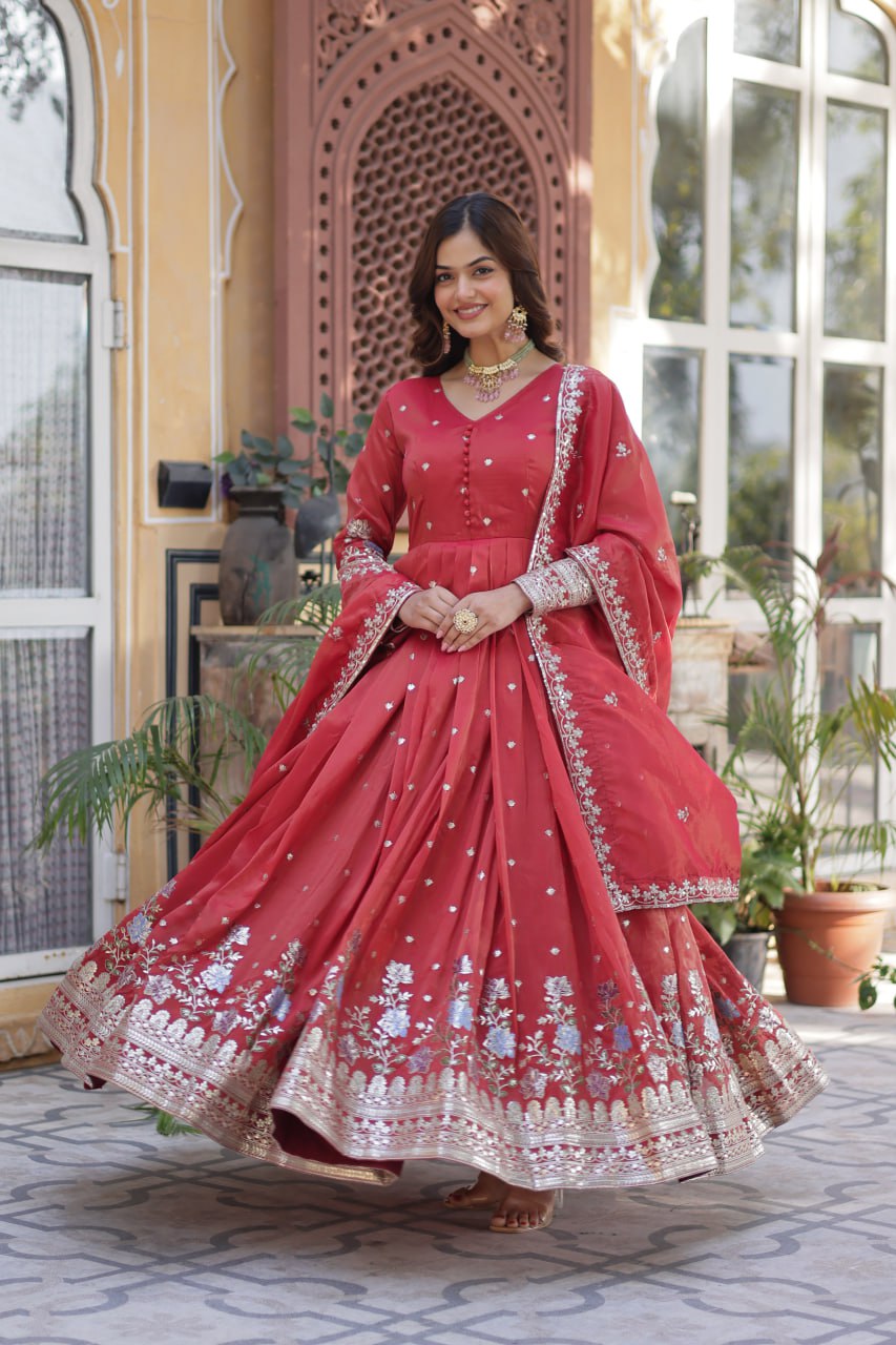 Red Elegant Viscose Cosmos Embroidered Anarkali Set with Dupatta