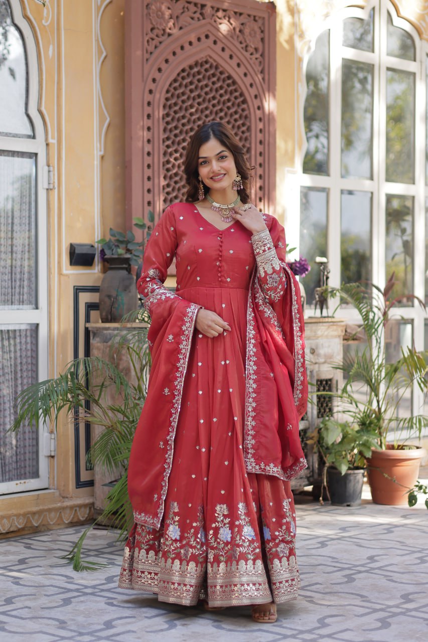 Red Elegant Viscose Cosmos Embroidered Anarkali Set with Dupatta