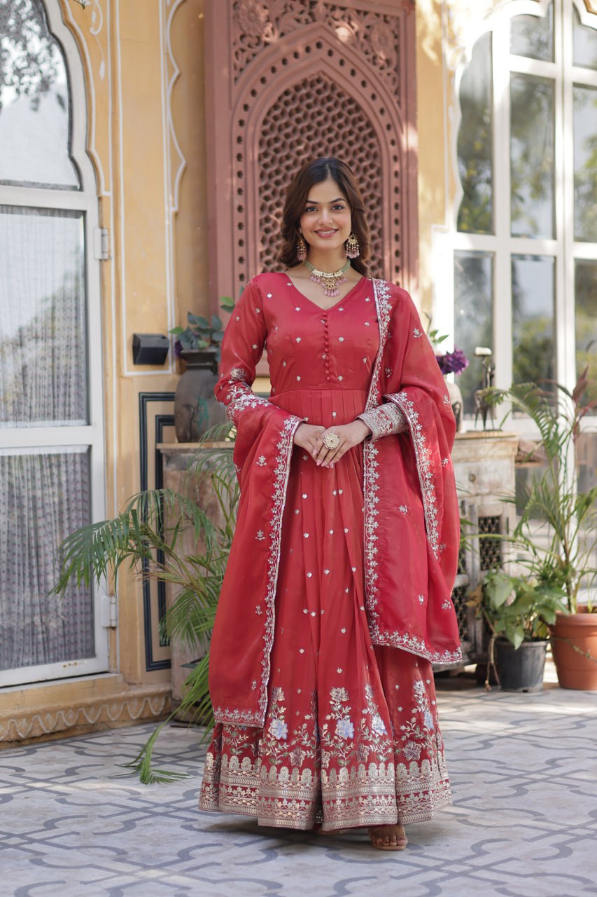Red Elegant Viscose Cosmos Embroidered Anarkali Set with Dupatta