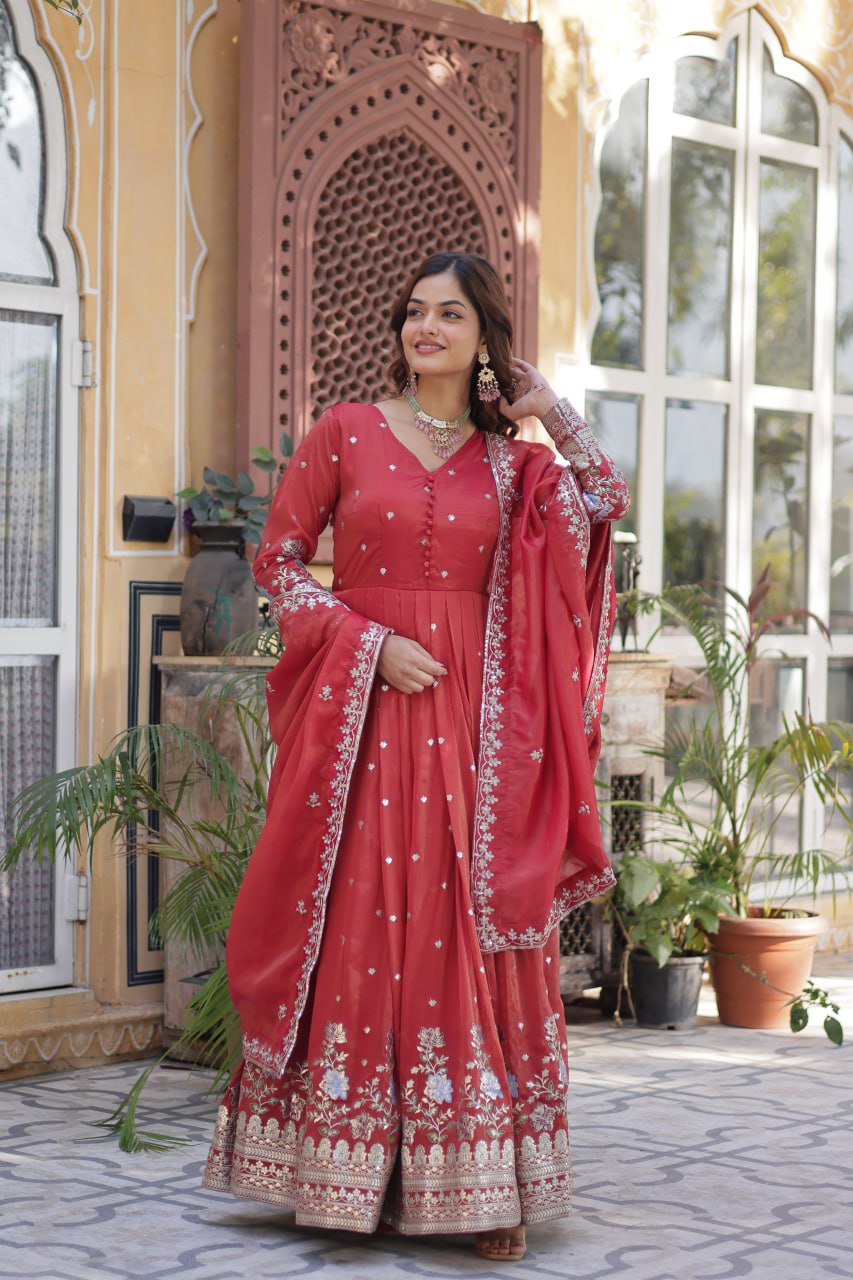 Red Elegant Viscose Cosmos Embroidered Anarkali Set with Dupatta