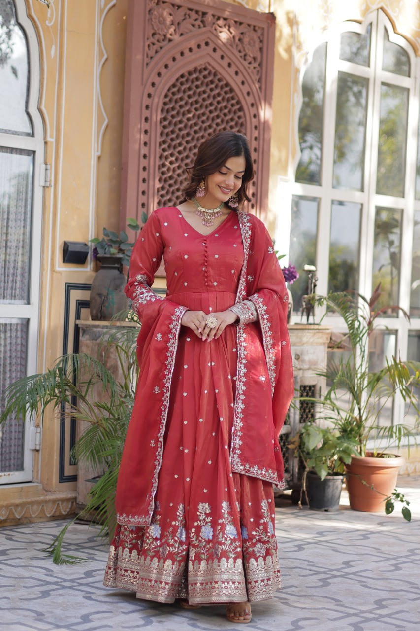 Red Elegant Viscose Cosmos Embroidered Anarkali Set with Dupatta