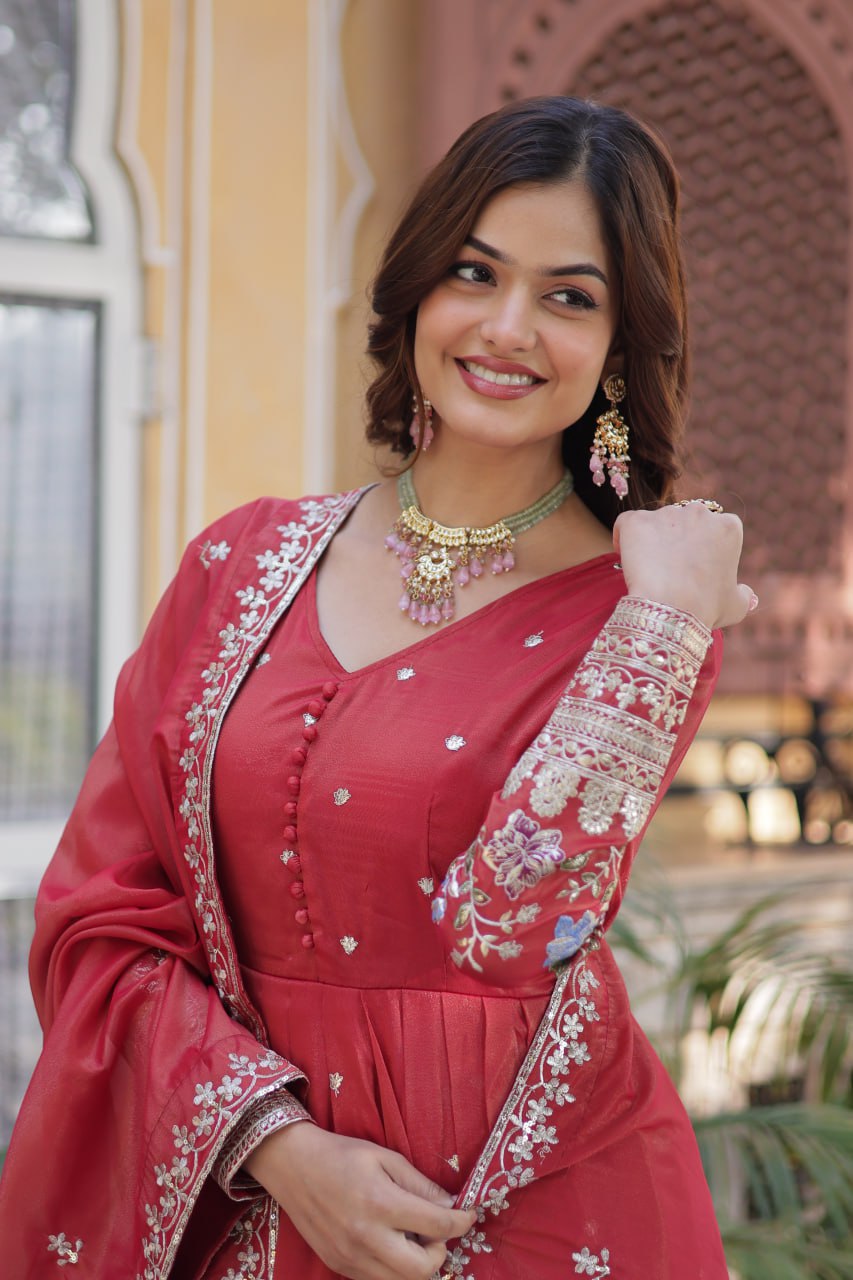 Red Elegant Viscose Cosmos Embroidered Anarkali Set with Dupatta