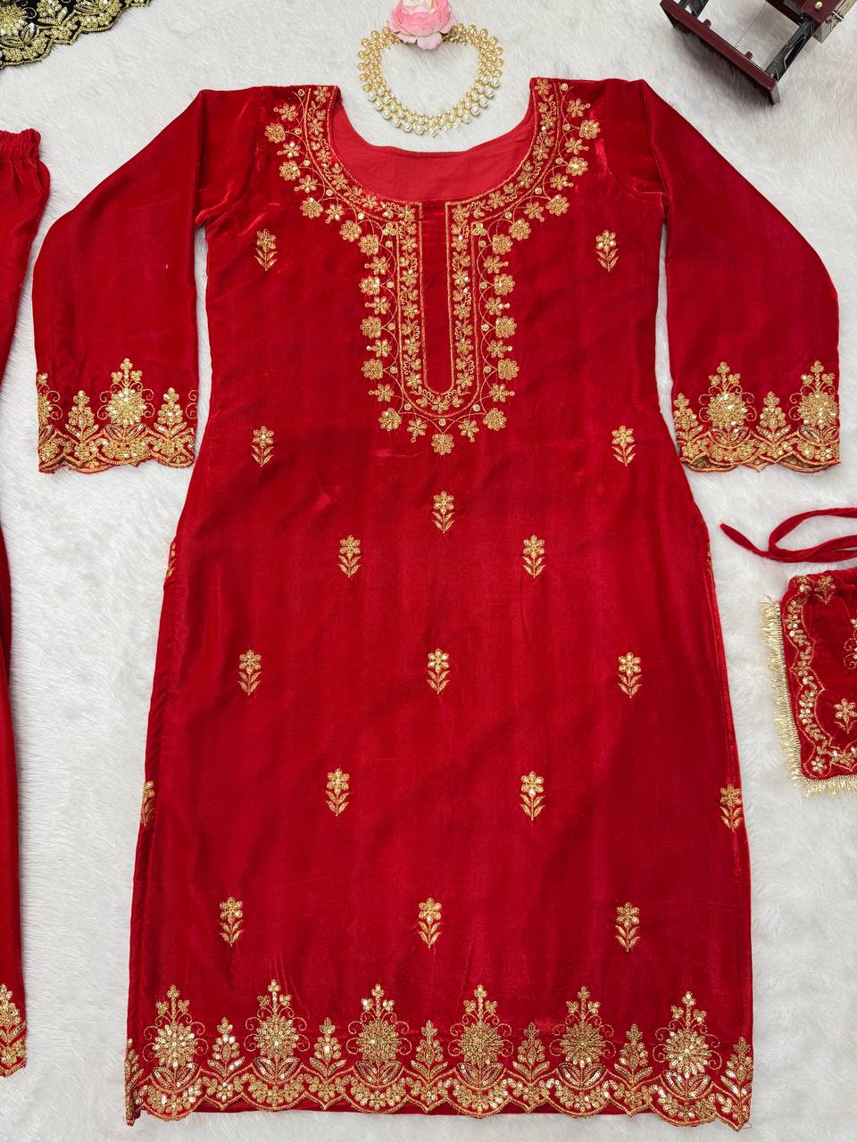 Red Elegant Viscose Velvet Embroidered Sharara Set