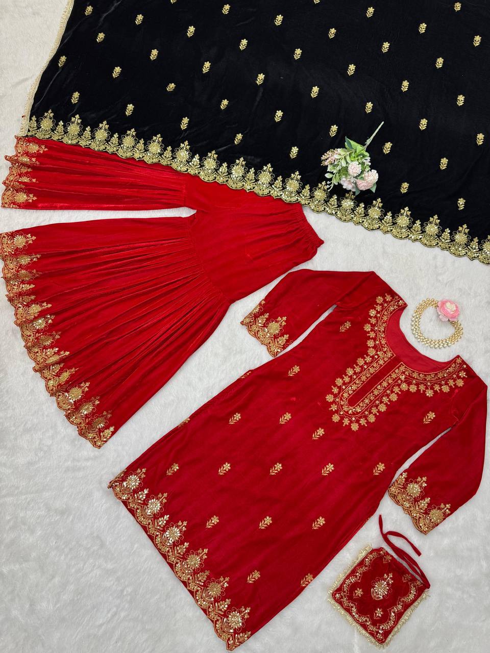 Red Elegant Viscose Velvet Embroidered Sharara Set