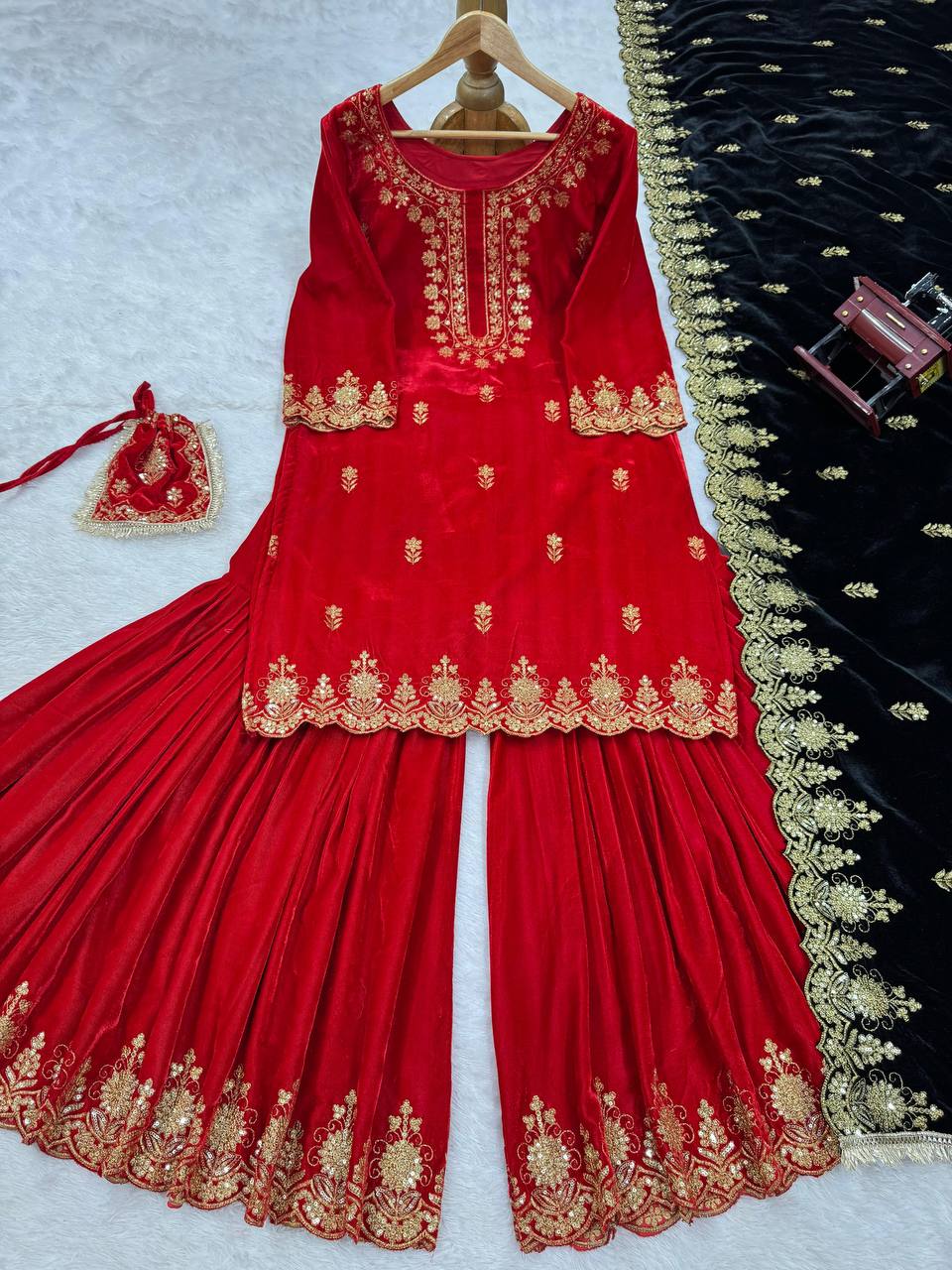 Red Elegant Viscose Velvet Embroidered Sharara Set