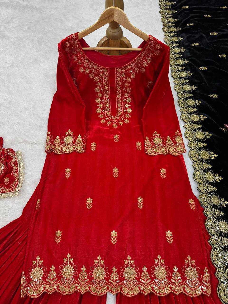 Red Elegant Viscose Velvet Embroidered Sharara Set