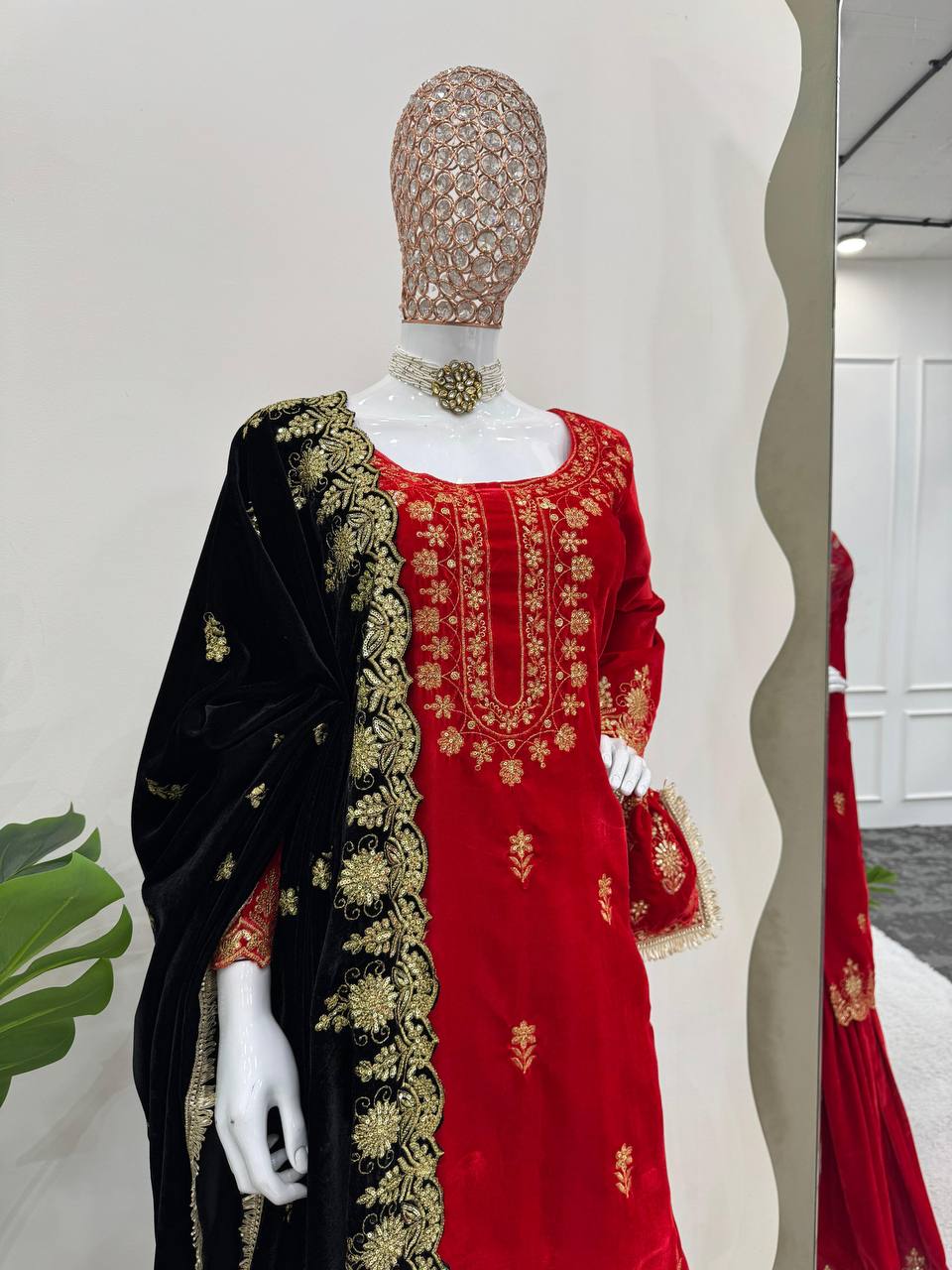 Red Elegant Viscose Velvet Embroidered Sharara Set