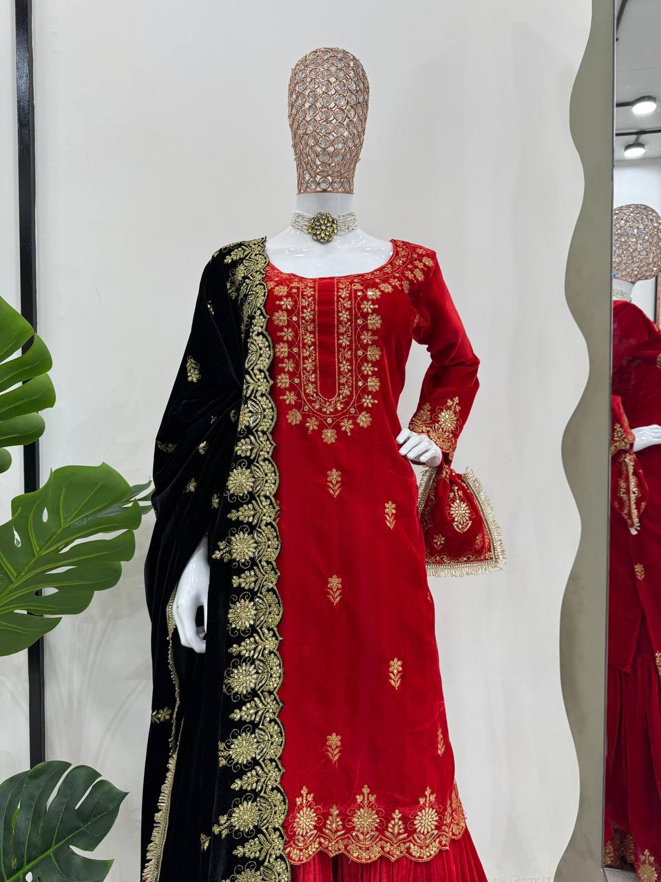 Red Elegant Viscose Velvet Embroidered Sharara Set