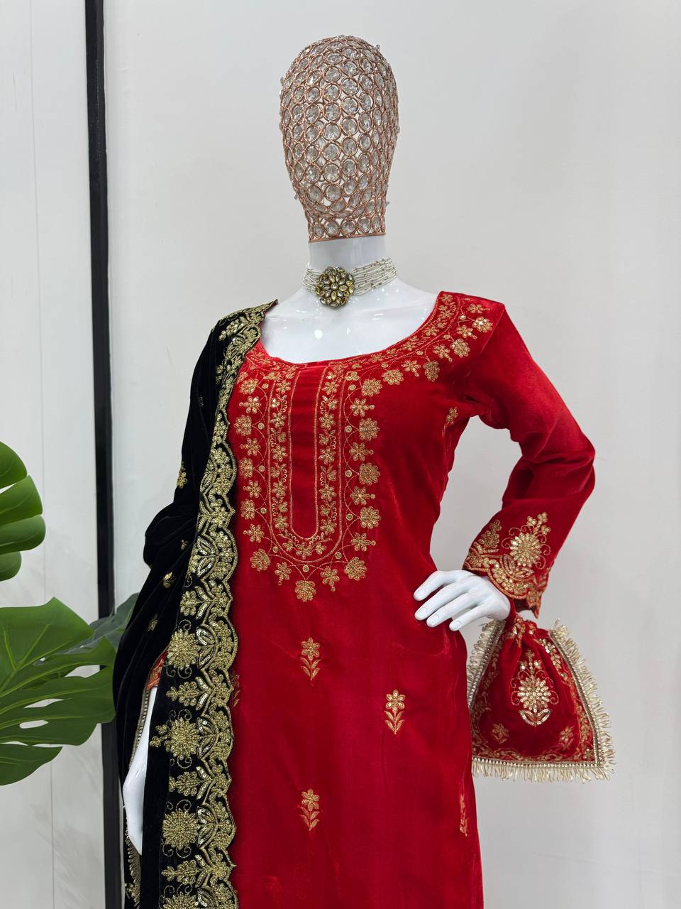 Red Elegant Viscose Velvet Embroidered Sharara Set