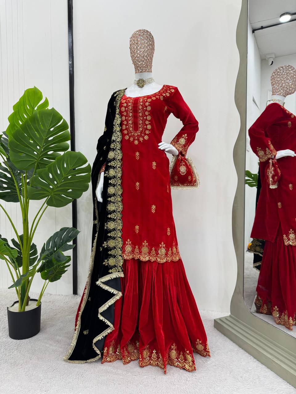 Red Elegant Viscose Velvet Embroidered Sharara Set