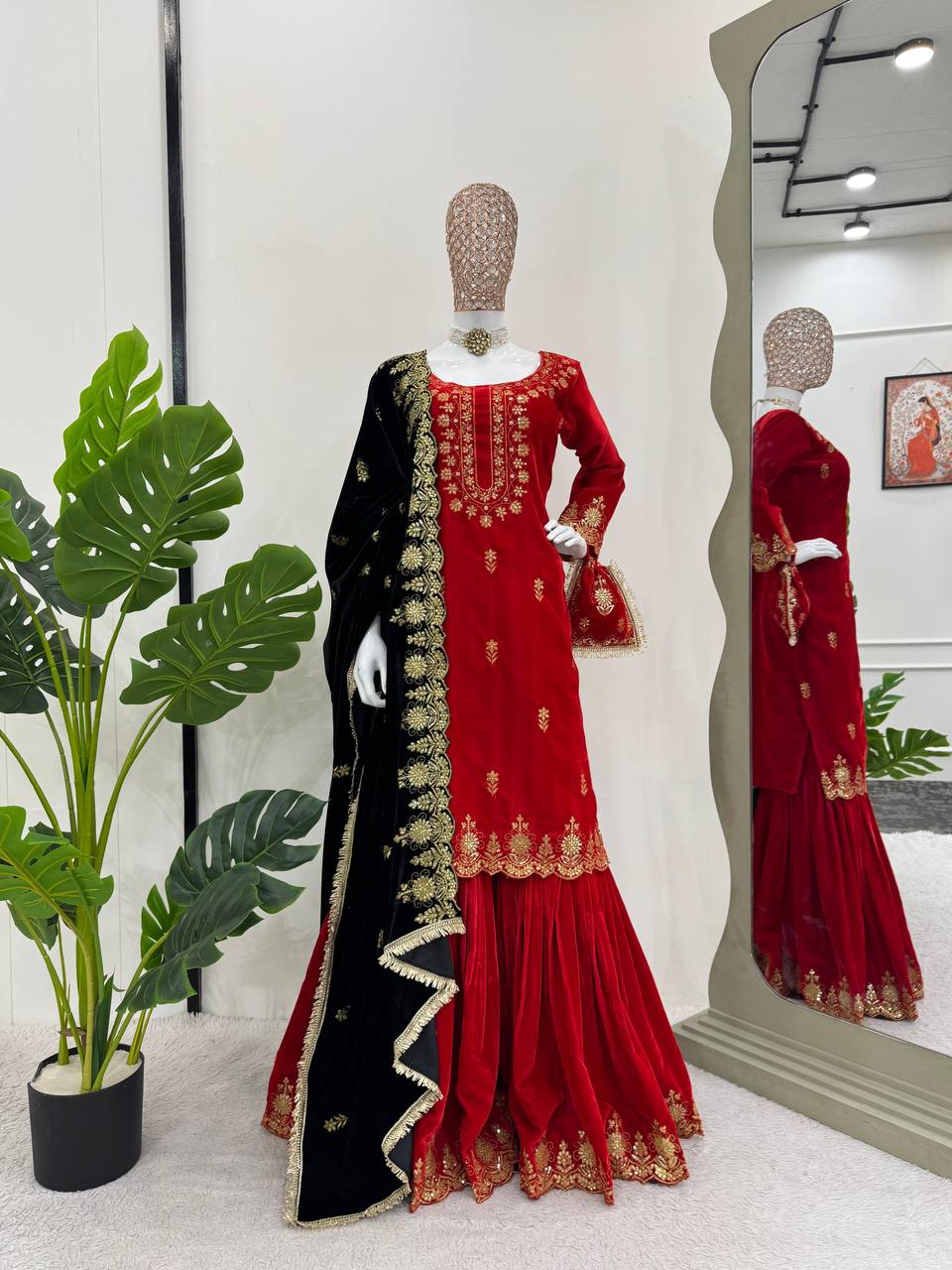 Red Elegant Viscose Velvet Embroidered Sharara Set