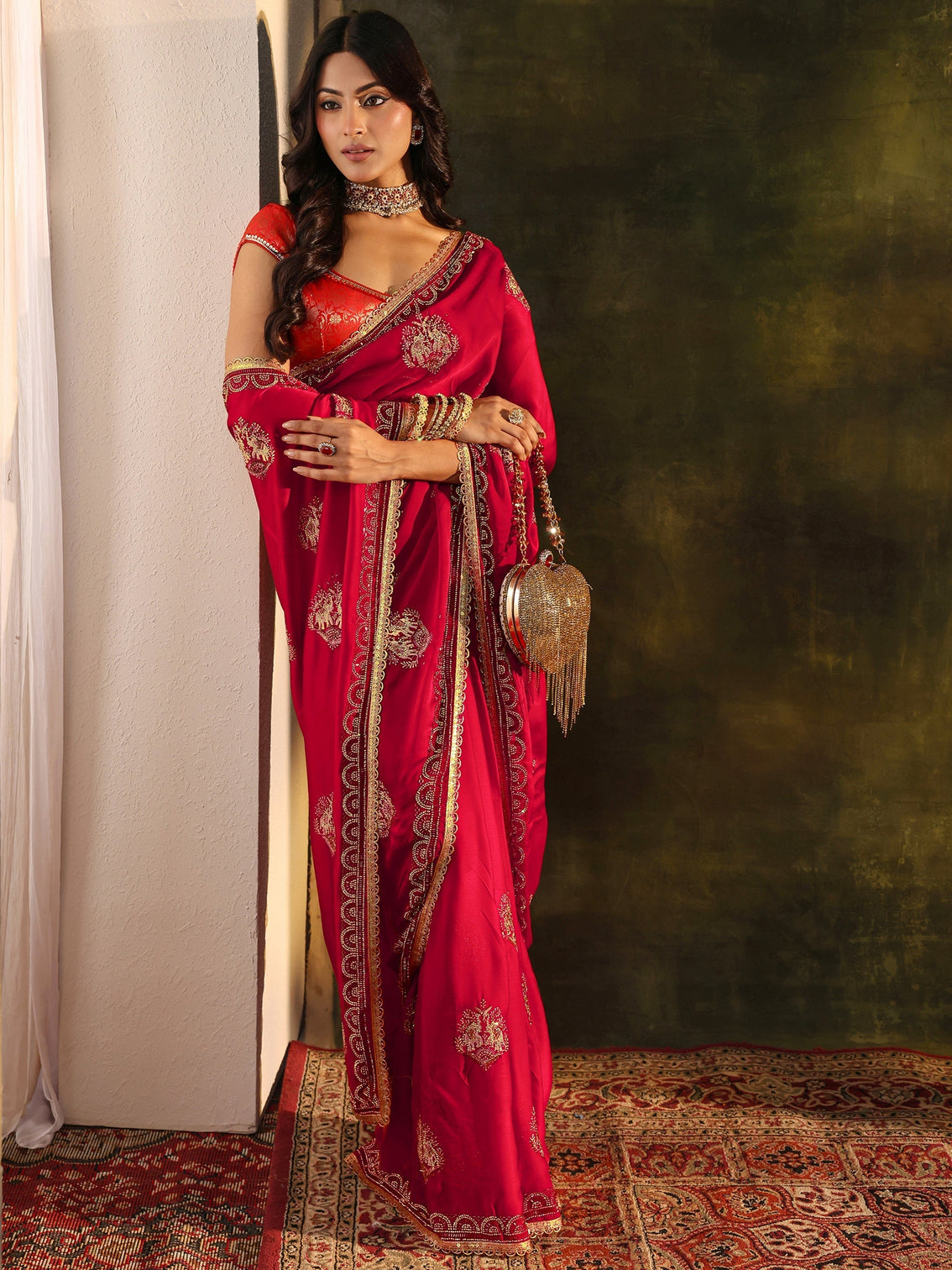 Mameraa Red Embellished Satin Saree With Unstitched Blouse Piece