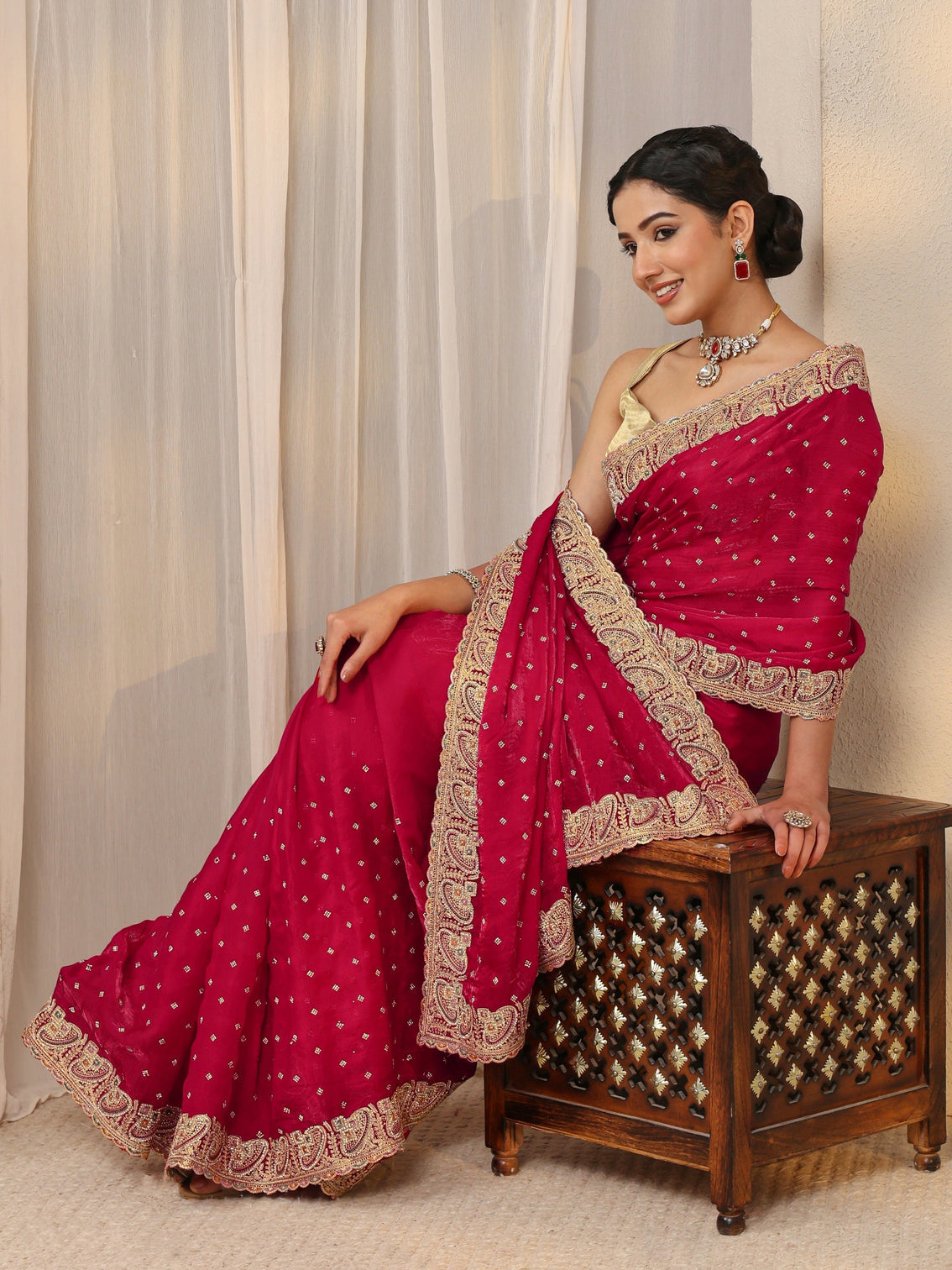Mameraa Red Embellished Tissue Saree With Unstitched Blouse Piece