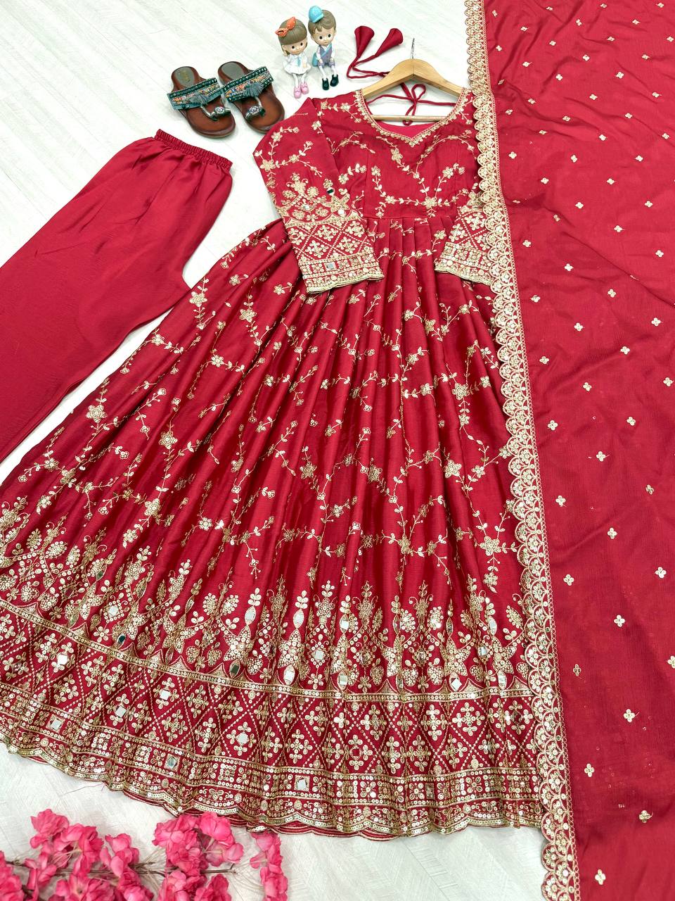 Red Embroidered Chinon Silk Anarkali Gown Set with Sequins, Mirror Work & Cutwork Dupatta – Fully Stitched