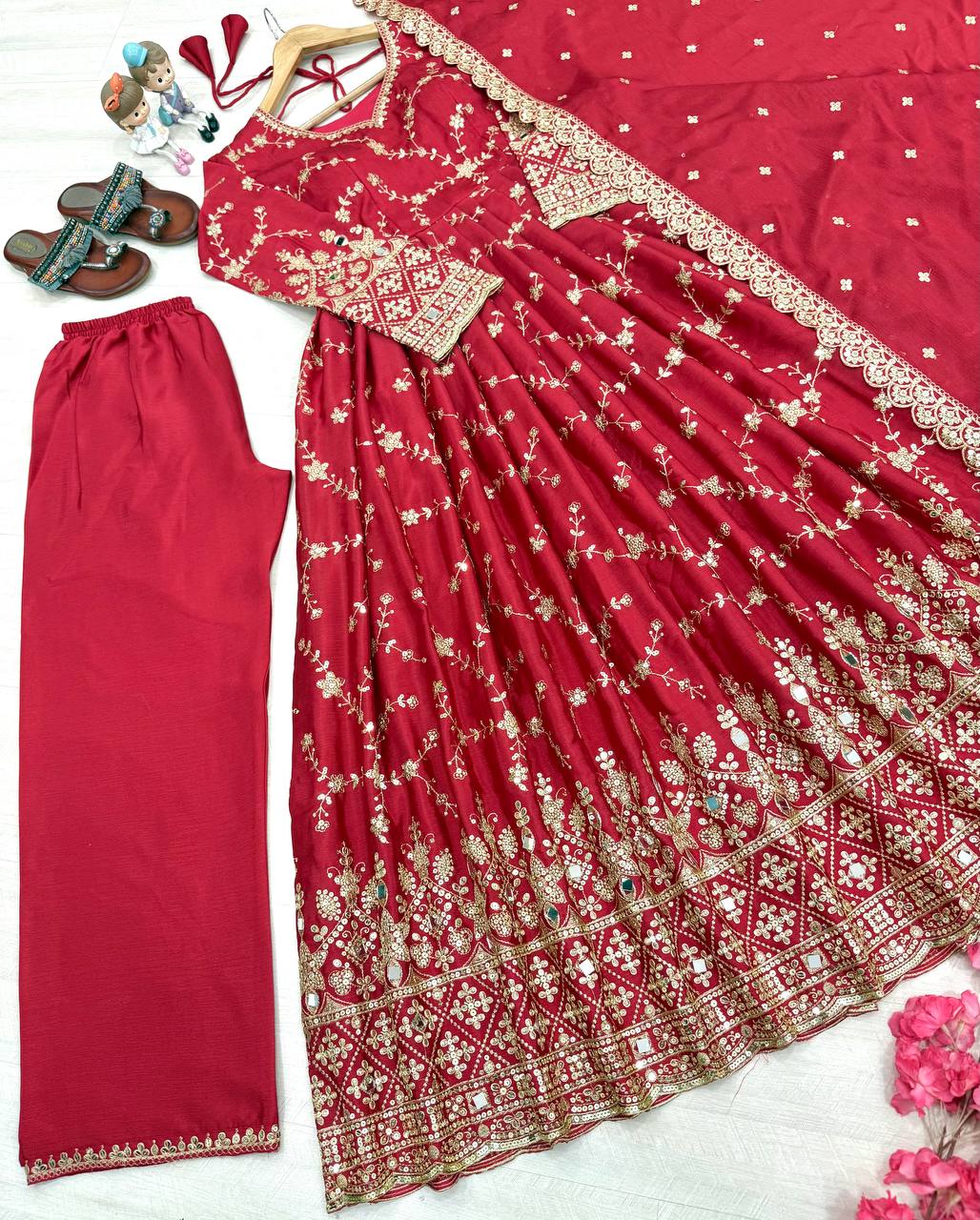 Red Embroidered Chinon Silk Anarkali Gown Set with Sequins, Mirror Work & Cutwork Dupatta – Fully Stitched