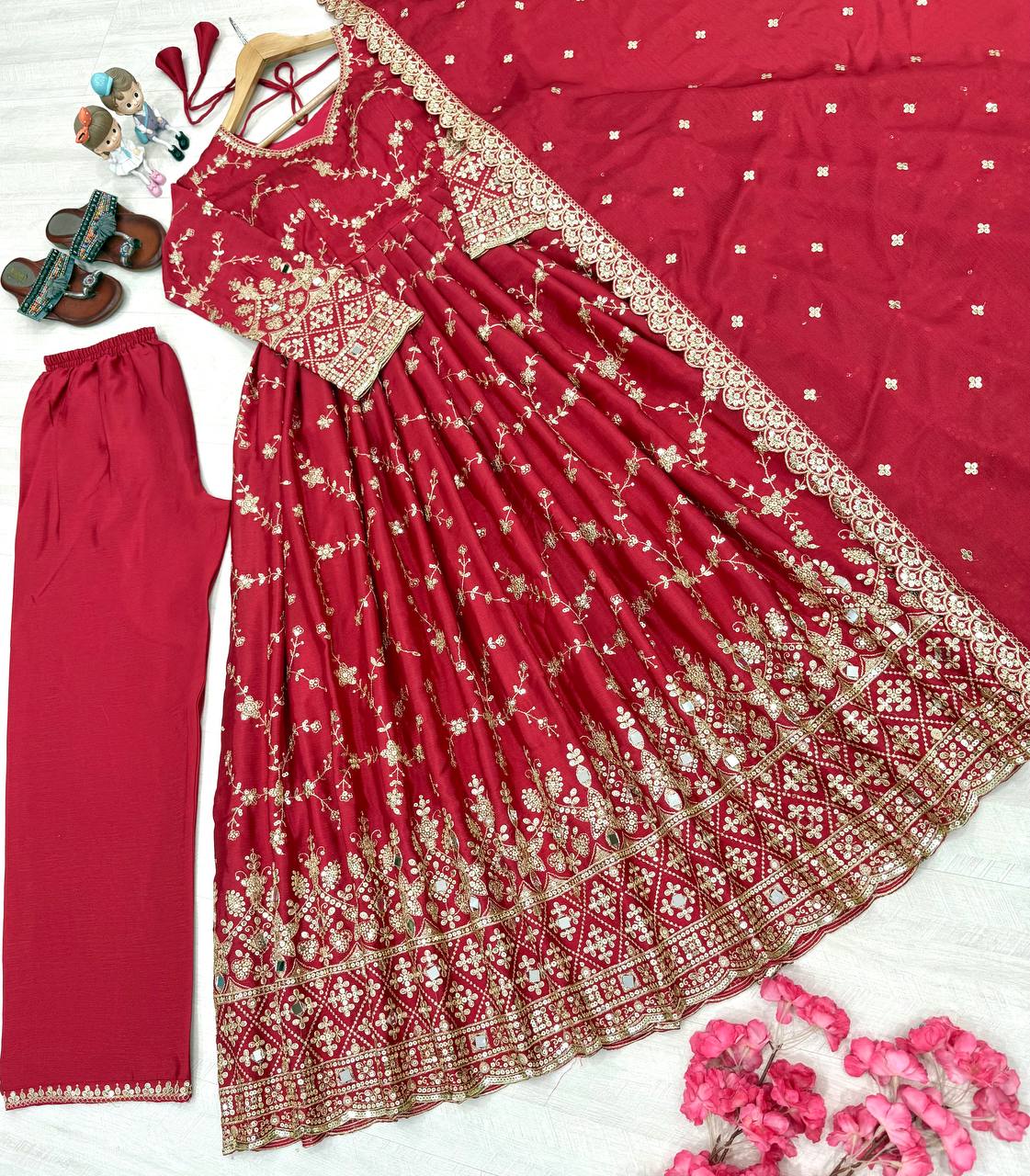 Red Embroidered Chinon Silk Anarkali Gown Set with Sequins, Mirror Work & Cutwork Dupatta – Fully Stitched