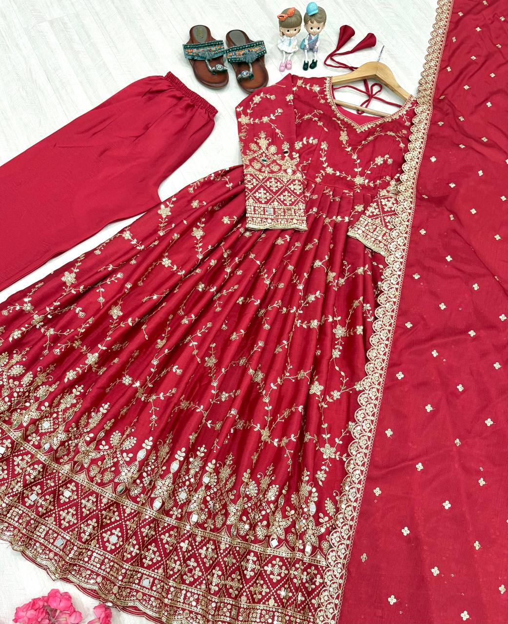 Red Embroidered Chinon Silk Anarkali Gown Set with Sequins, Mirror Work & Cutwork Dupatta – Fully Stitched