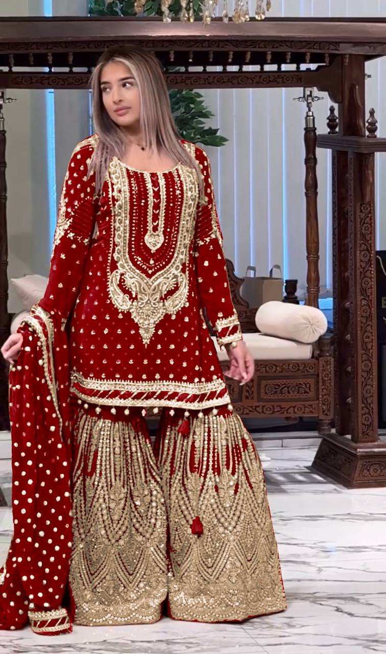 Red Embroidered Faux Georgette Plazzo Set with Sequins Work & Lace Dupatta