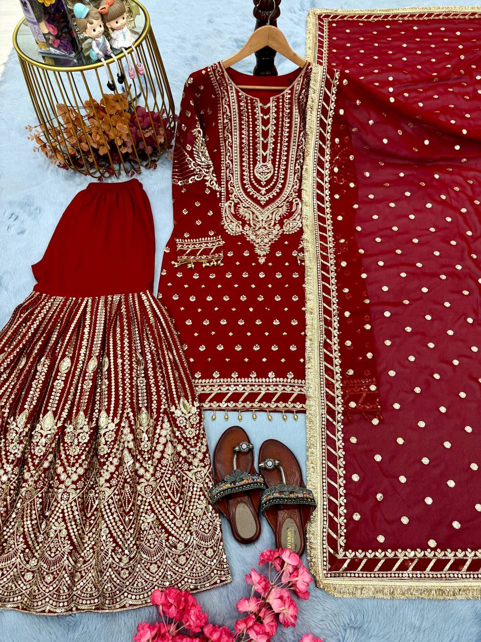 Red Embroidered Faux Georgette Plazzo Set with Sequins Work & Lace Dupatta