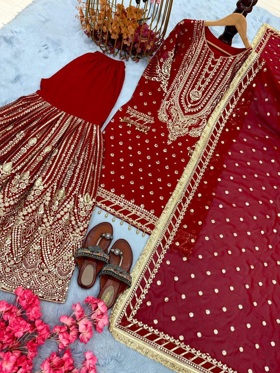 Red Embroidered Faux Georgette Plazzo Set with Sequins Work & Lace Dupatta