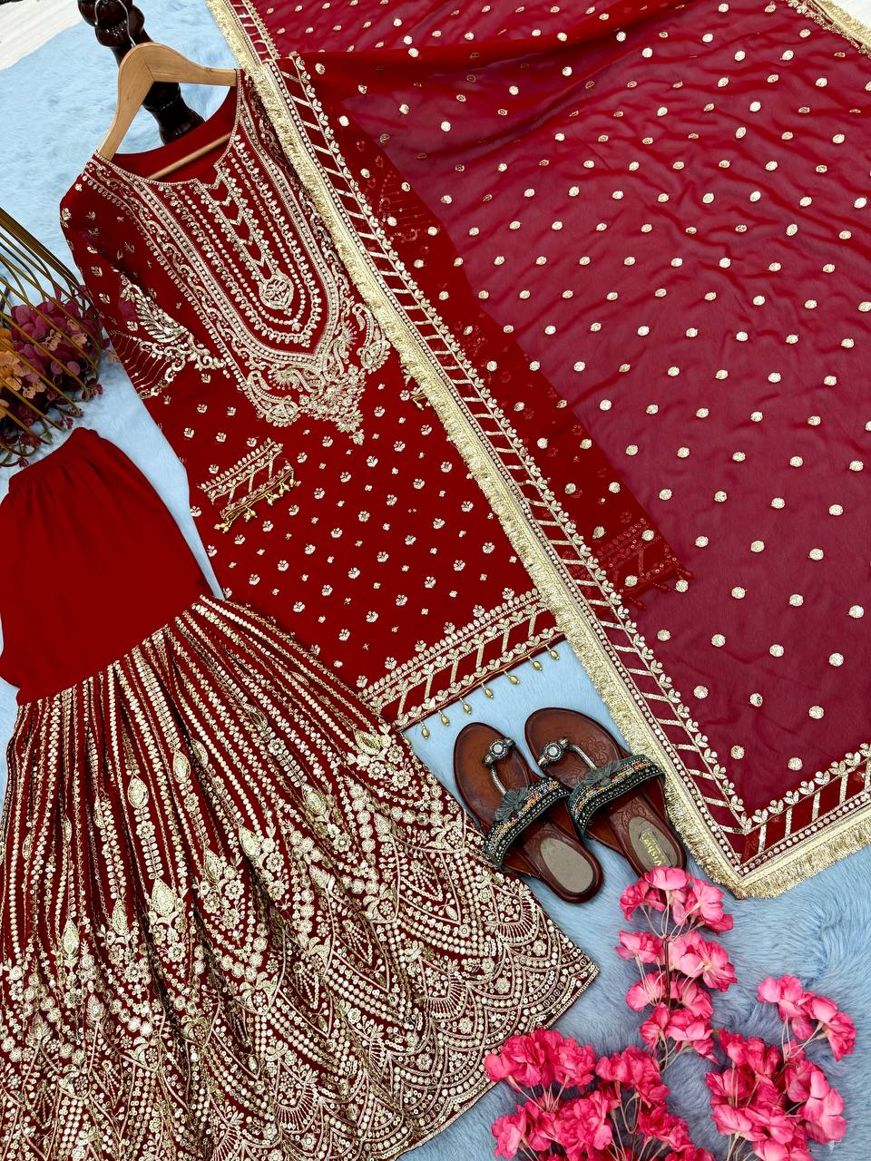 Red Embroidered Faux Georgette Plazzo Set with Sequins Work & Lace Dupatta