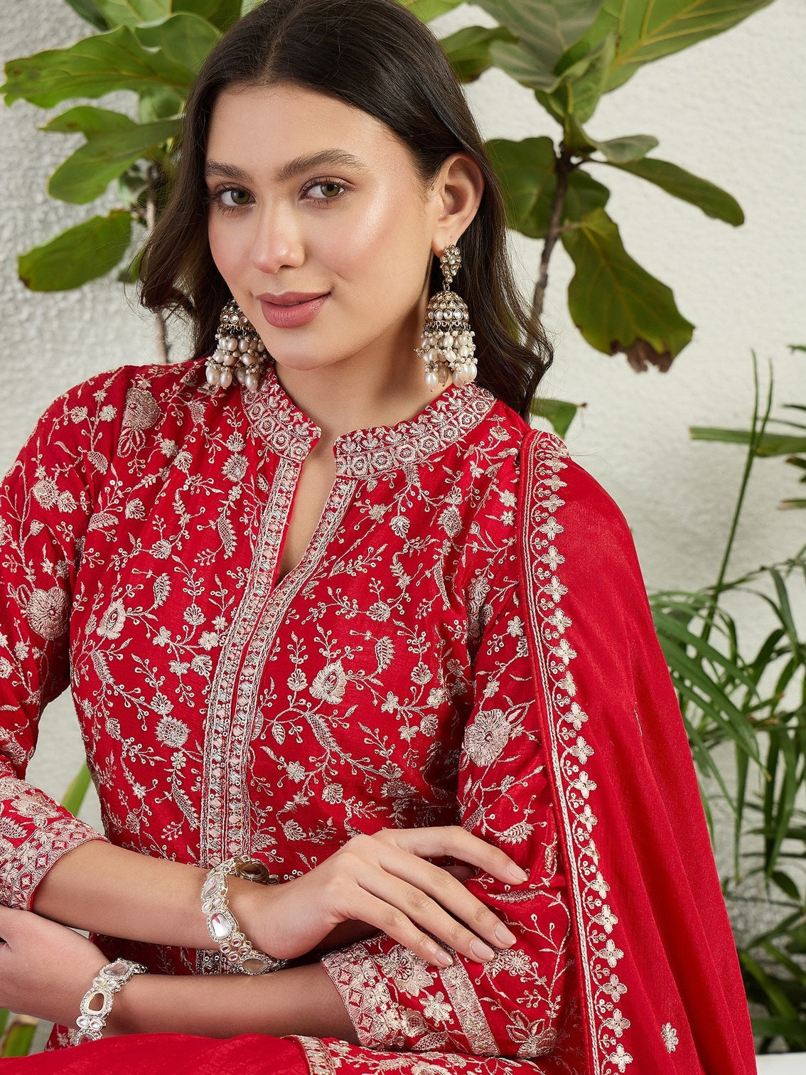 Red Embroidered Gown Set
