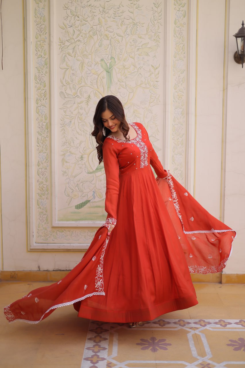 Red Embroidered Gown with Cutwork Dupatta