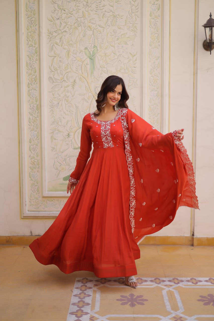 Red Embroidered Gown with Cutwork Dupatta