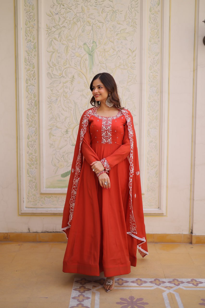 Red Embroidered Gown with Cutwork Dupatta