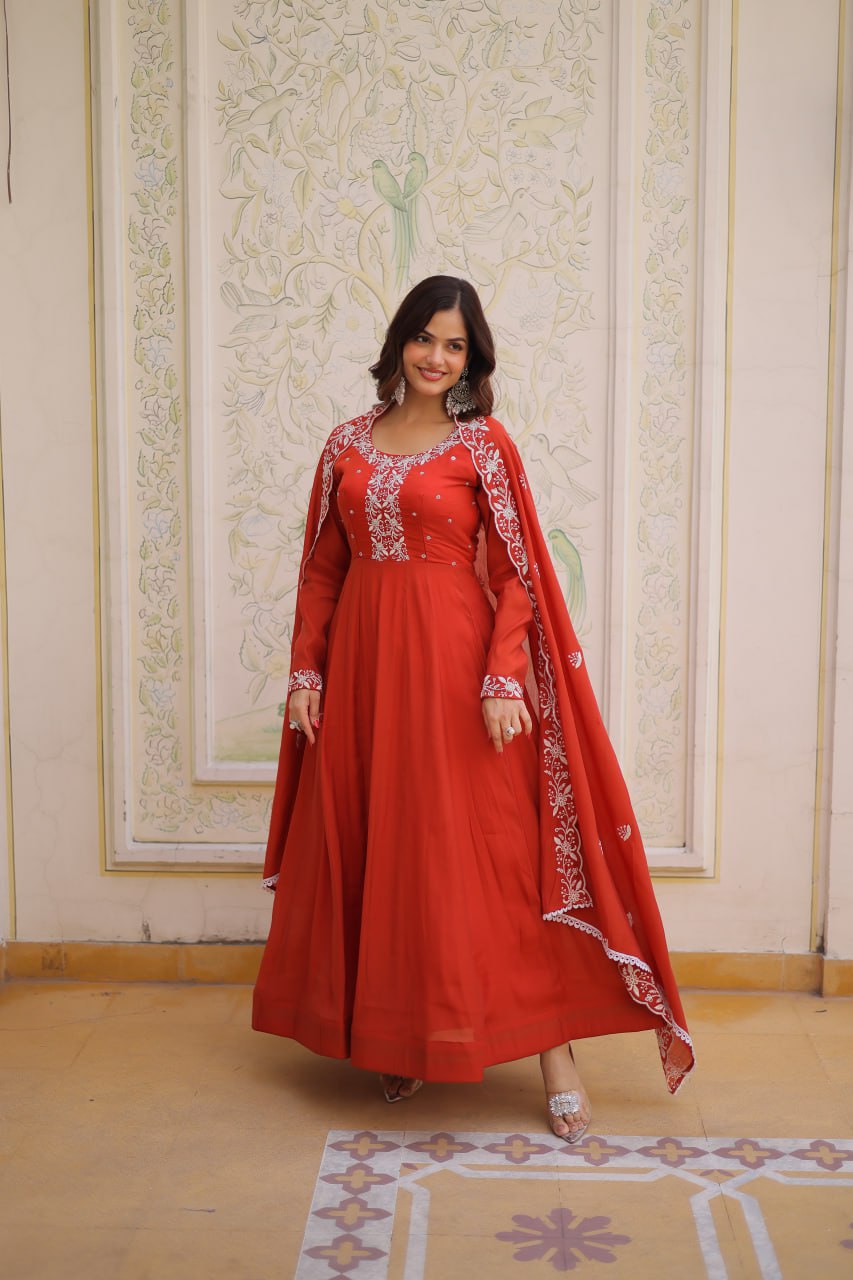 Red Embroidered Gown with Cutwork Dupatta