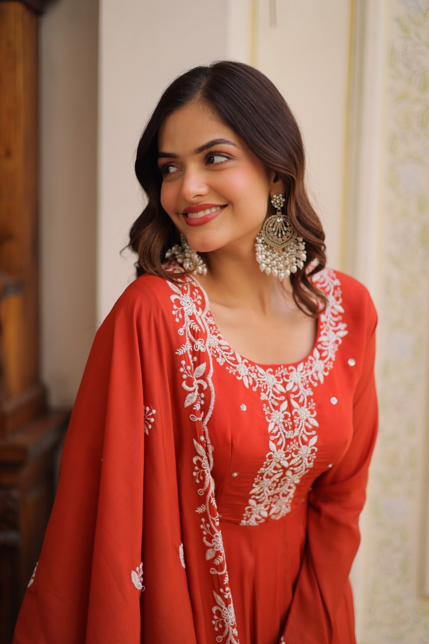 Red Embroidered Gown with Cutwork Dupatta
