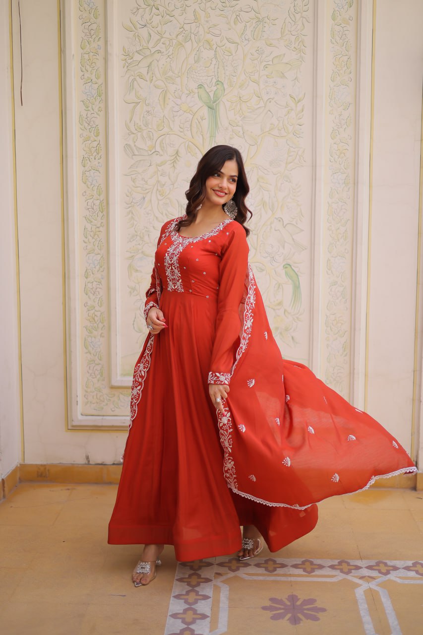 Red Embroidered Gown with Cutwork Dupatta