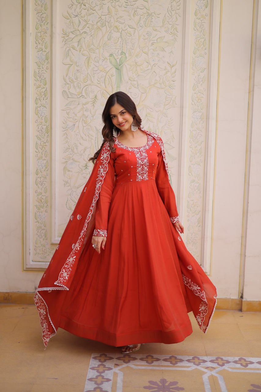 Red Embroidered Gown with Cutwork Dupatta