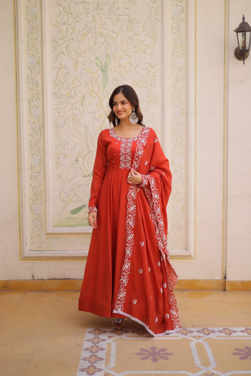 Red Embroidered Gown with Cutwork Dupatta