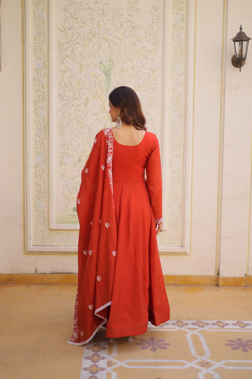 Red Embroidered Gown with Cutwork Dupatta