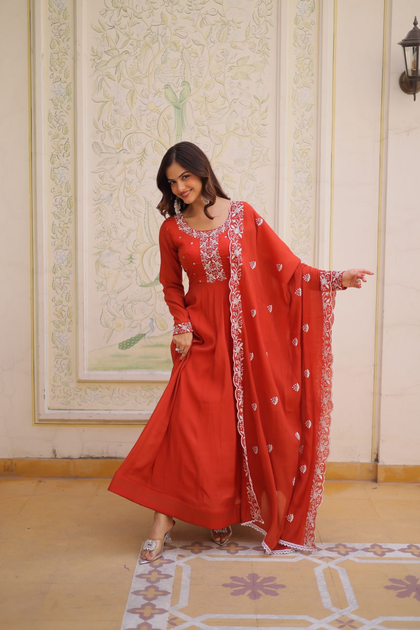 Red Embroidered Gown with Cutwork Dupatta