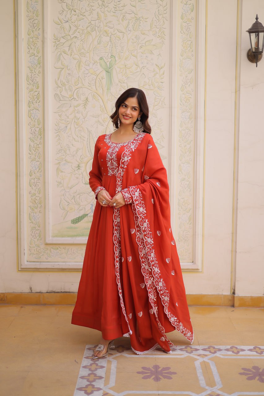 Red Embroidered Gown with Cutwork Dupatta