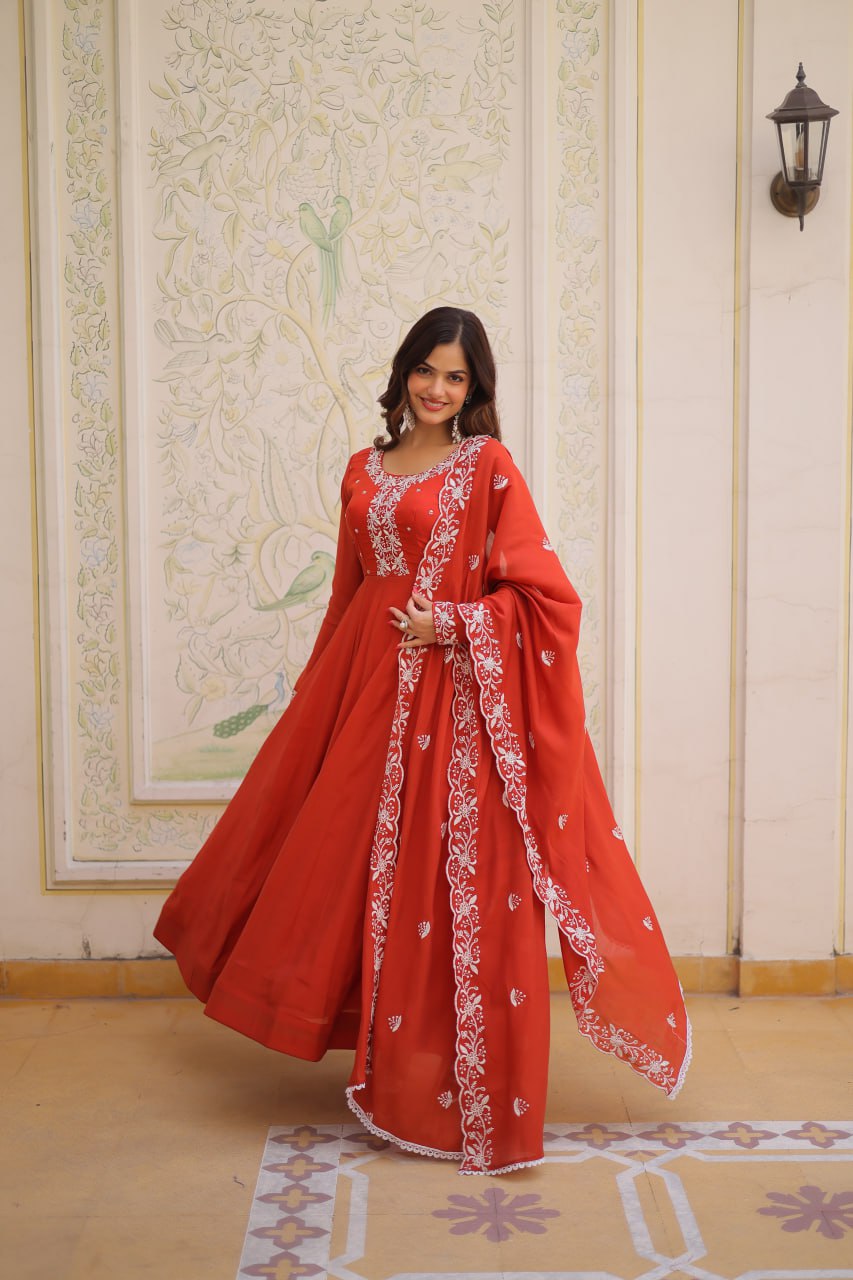 Red Embroidered Gown with Cutwork Dupatta