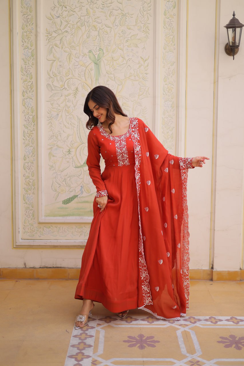 Red Embroidered Gown with Cutwork Dupatta