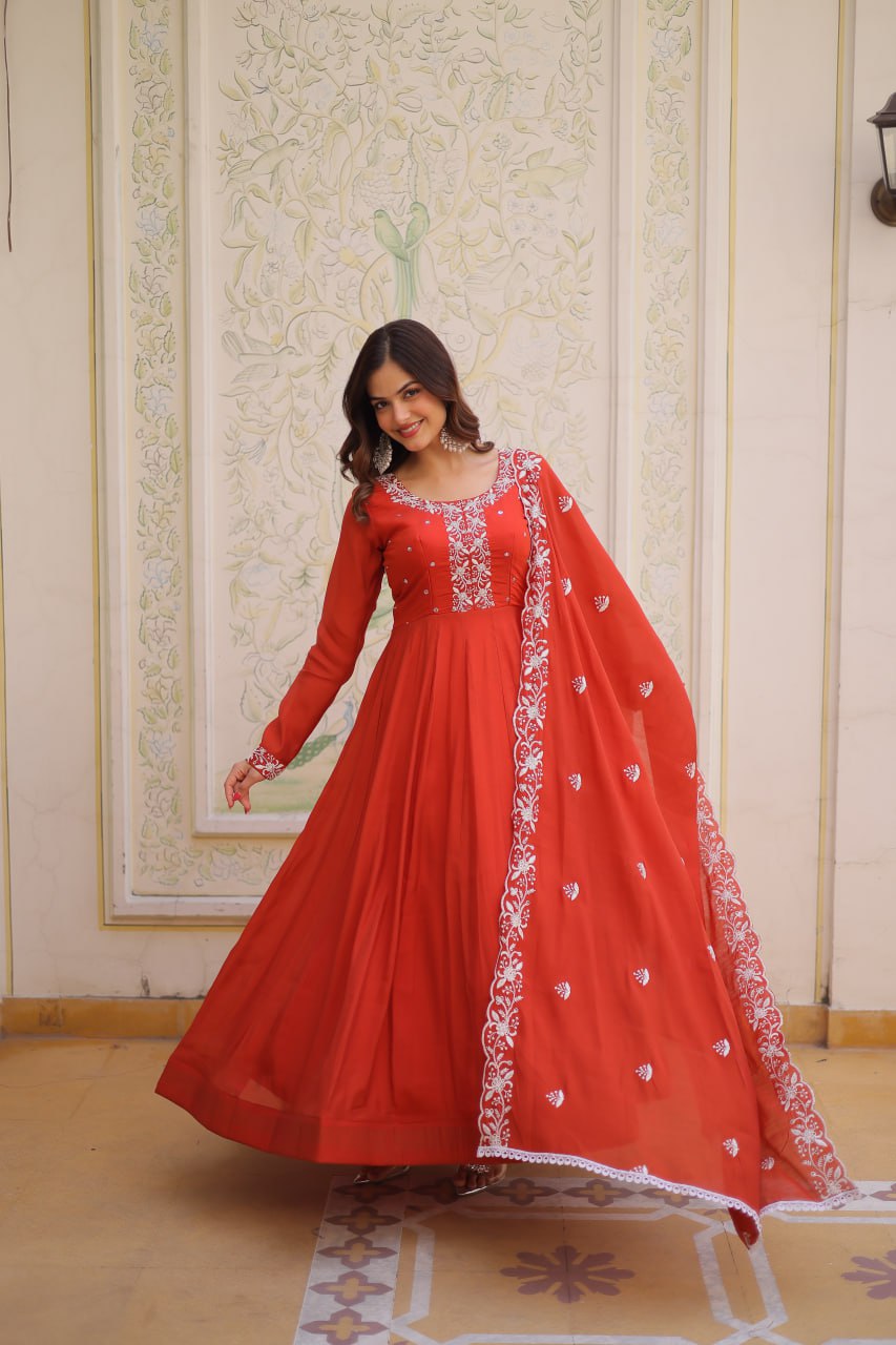 Red Embroidered Gown with Cutwork Dupatta